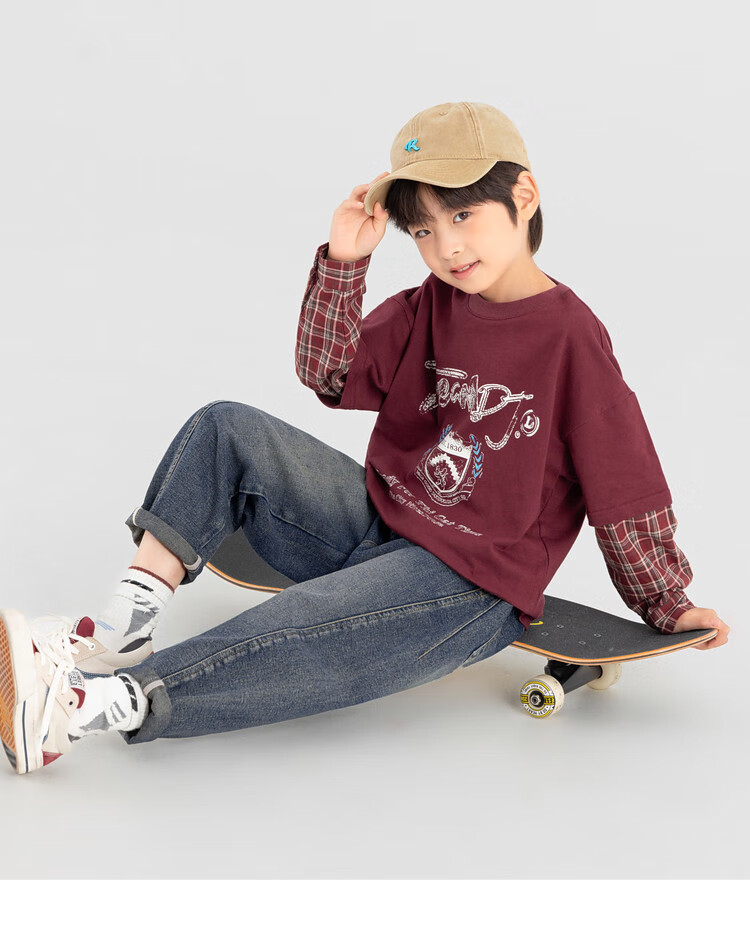 Duoduojia Boys' Sweatshirt, Spring And Autumn Style, Patchwork Long Sleeve, Plaid Retro Print, Children's Faux Two-Piece, Korean-Style Academic Style Top 25