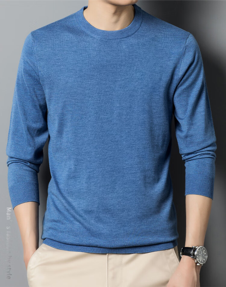 Hengyuanxiang [Wool Included] Spring and Autumn Thin Men's Crew Neck Sweater Middle-aged Knit Base Shirt Solid Color Medium Gray M 16