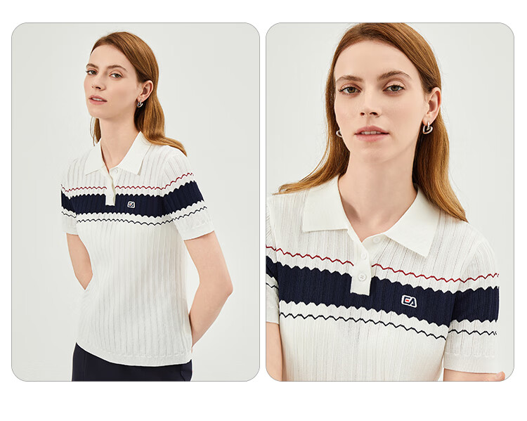ELLE ACTIVE Fashion Contrasting Color Polo Shirt for Women, Knitted Collar Elegant Commuter Slimming Short-Sleeve T-Shirt Top, White, S 11