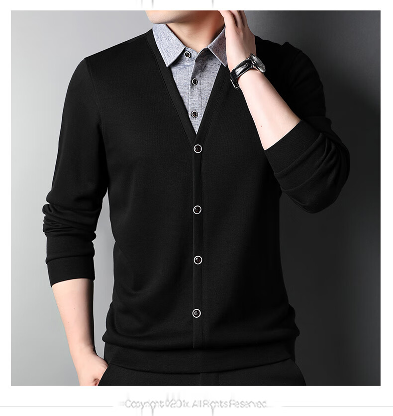 ROMON Autumn Winter Fake Two-Piece Knit Sweater Men Lapel Base Shirt Business Casual Warm Sweater for Young and Middle-Aged Men 12