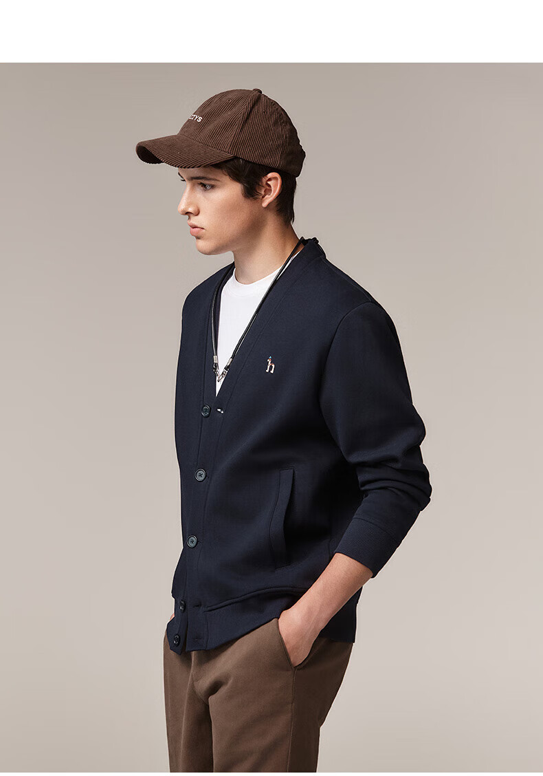 HAZZYS Men's Spring and Autumn V-Neck Casual Jacket with Color-Block Sleeves Cardigan Sweatshirt ABTZE0CCX34 5