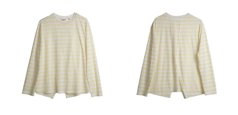 Oulain Round Neck Top Women's Clothing, Autumn New Style, Yellow Striped Pullover Long-Sleeve T-Shirt, Light Yellow, S 12