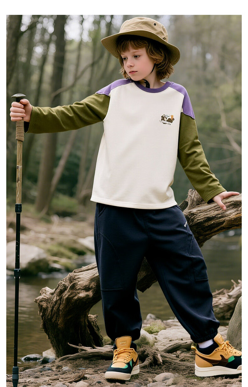 MQD Boys' Spring and Autumn Outdoor Camping Hiking Long Sleeve Colorblock Cartoon Skin-friendly T-Shirt Off-White 150 12