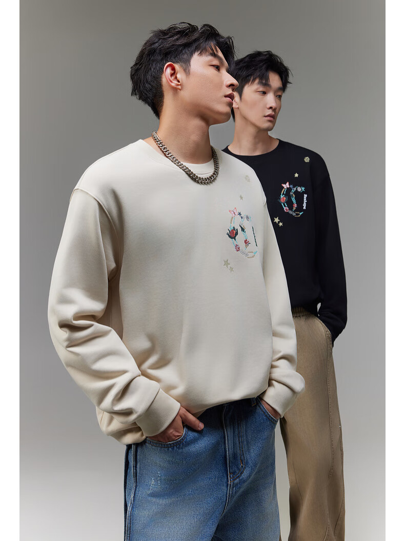 CABBEEN [365G Fish Scale Fabric] Men's Sweatshirt with LOGO Single C Combination Floral Design Winter Long-Sleeve Sweatshirt 2