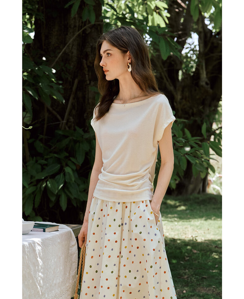 Olrain European Style Elegant Off-Shoulder Slim Fit T-Shirt Women Summer Slimming Youthful Top Apricot XL 16