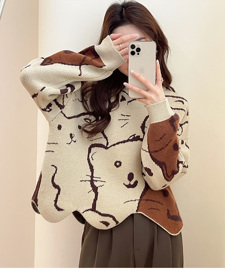 TonLion 2025 Autumn Crew Neck Irregular Hem Cartoon Pattern Pullover Sweater Cute Youthful College Style Korean Version 1