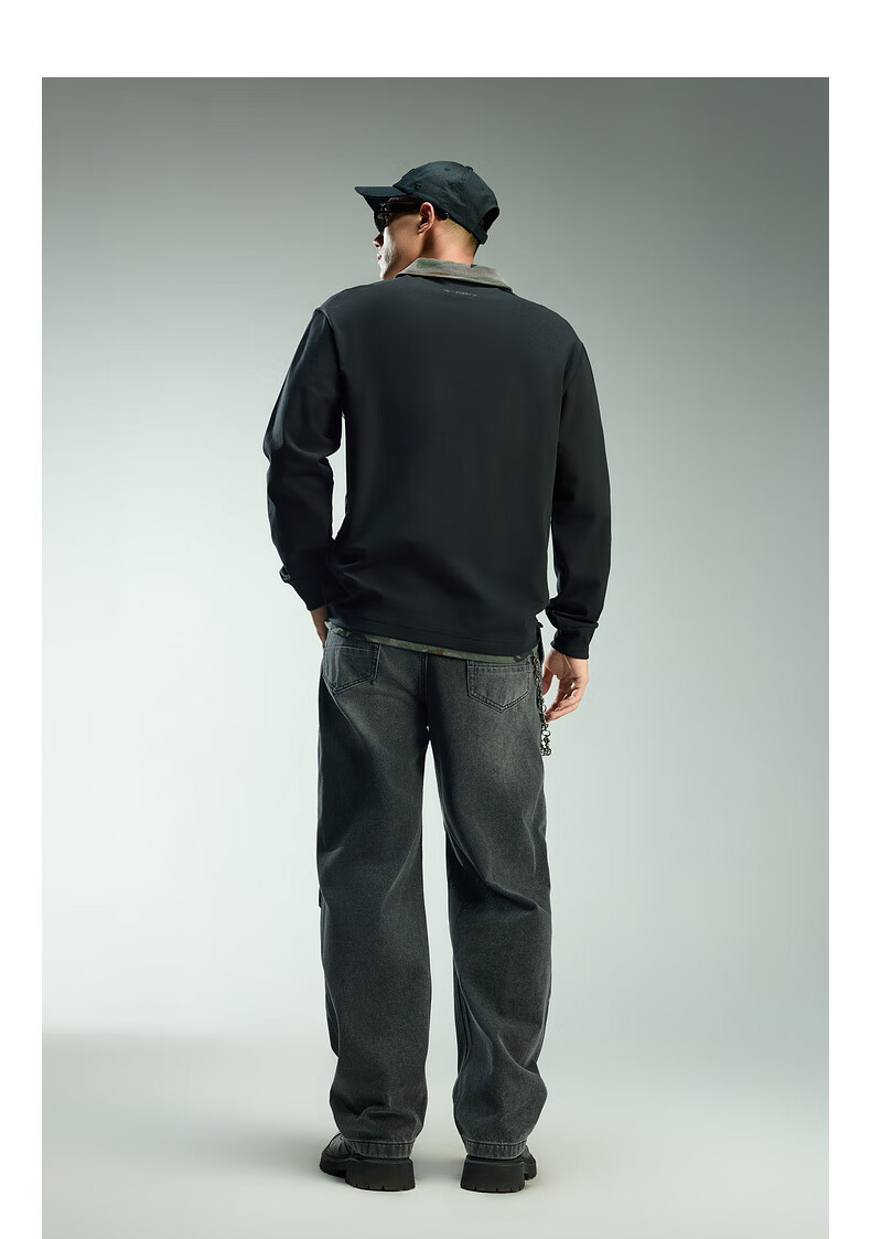 CABBEEN 280G Cotton Plain Weave Camouflage Patchwork Collar Men's Embroidered Long Sleeve Polo Shirt Coal Black 12
