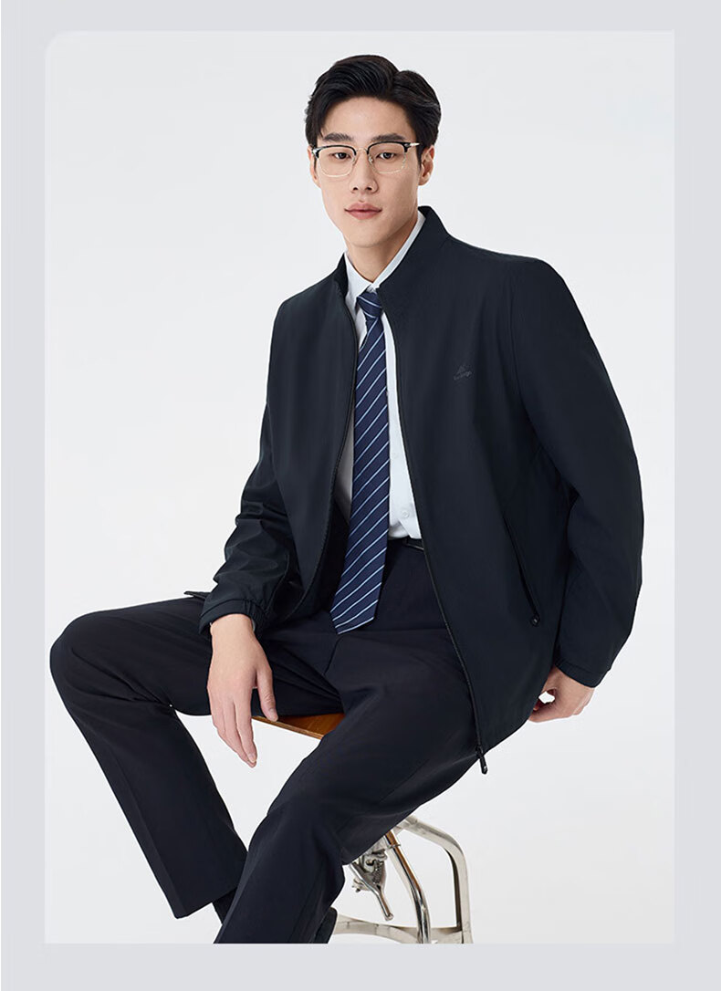 Woodpecker [Breathable and Wrinkle-Free] Men's Summer Business Casual Executive Stand Collar Jacket Black 3XL 8