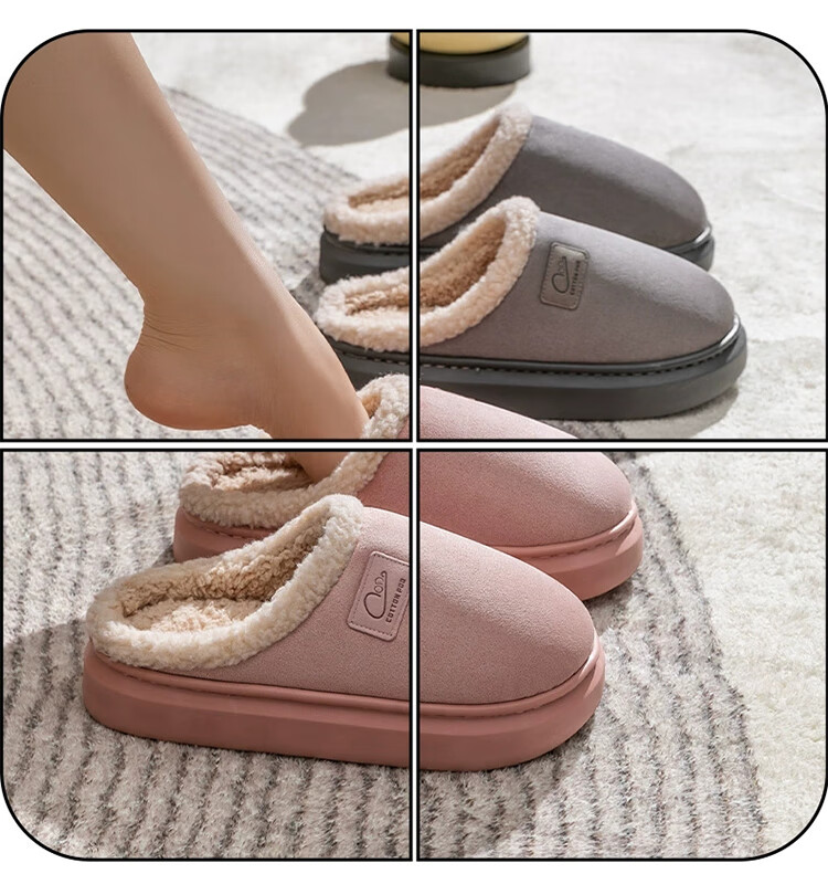 LangSha Autumn Winter New Plush Cotton Slippers for Men and Women Couples Home Warm Thick Sole Non-slip Beige Size 38-39 2