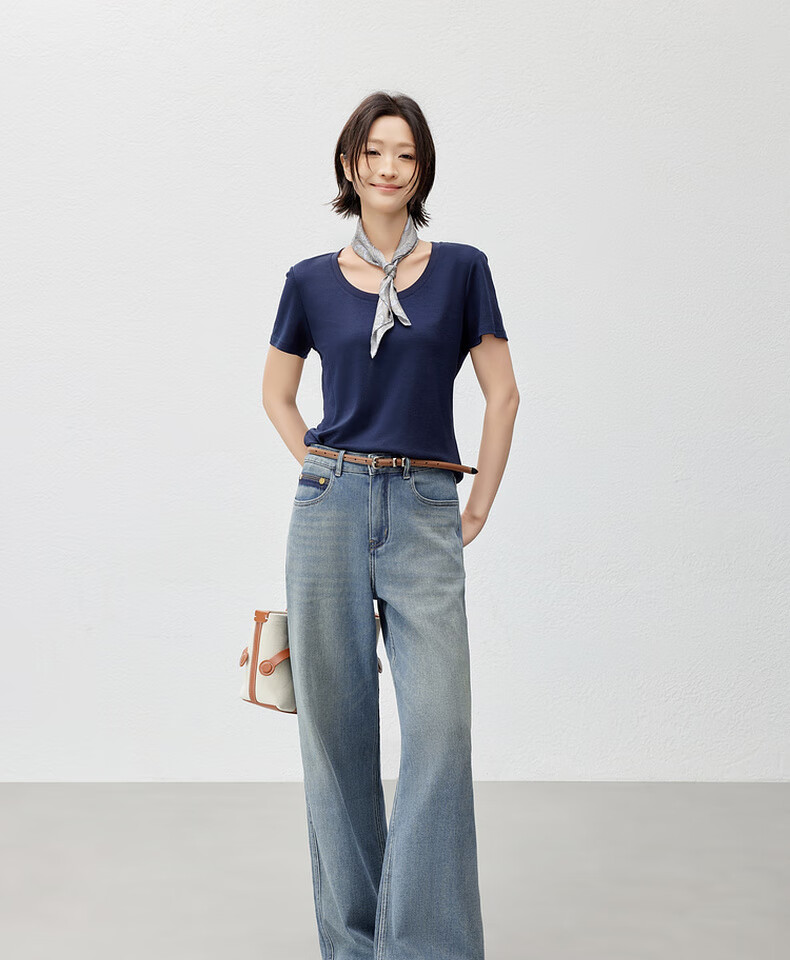 MEIYANG Jelly Denim Jeans Double Core Yarn Elastic Draped Vintage Wide-Leg Pants Blue Regular Fit L 34