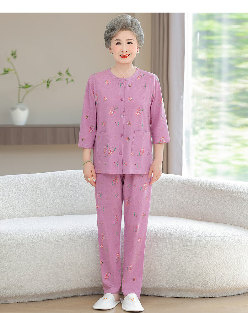 Fengxiao Middle-aged and Elderly Mom Spring Pajama Set Two-piece Pure Cotton Elderly Homewear Grandma Loose Long Sleeve Suit 8
