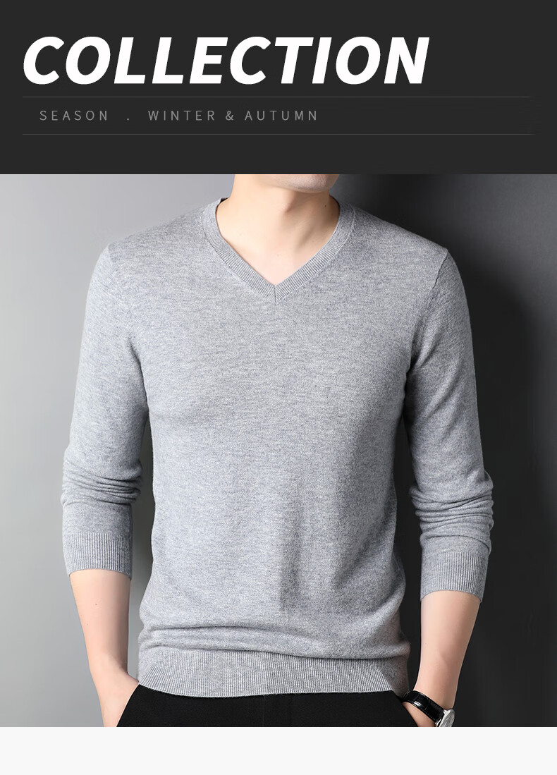 ROMON 100% Pure Wool Men's Classic Basic Thin V-Neck Sweater Autumn Winter Casual Knitwear Base Layer 1