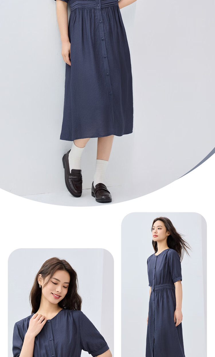 Giordano Women's Summer New Simple Artistic Style Dress with Pleated Trim, Round Neck Short Sleeve Dress 05465078 14