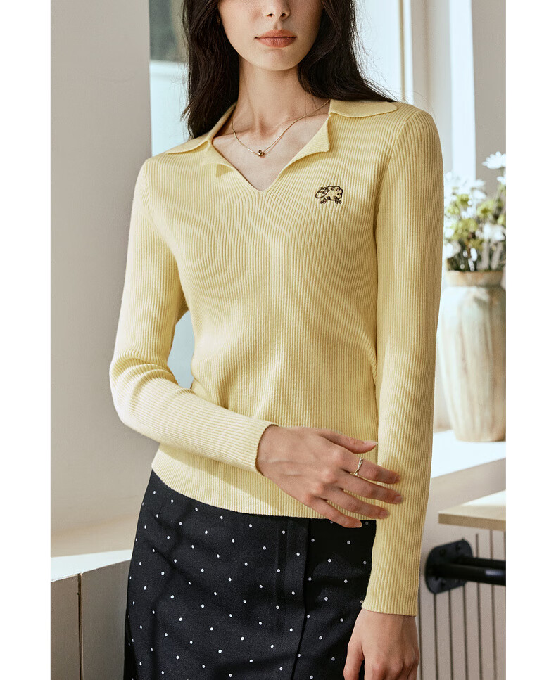 Oulain Commuter Collar Knit Pullover Sweater for Women, Autumn New Style, Versatile Slimming Top, Yellow, XL 10