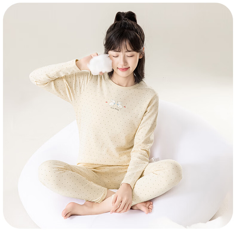 Yingbolun Girls' Cotton Underwear Set, Base Layer Cotton Shirt and Pants, Class A, Beige, Size 165 9