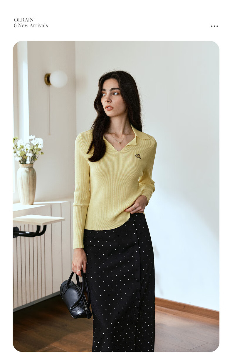 Oulain Commuter Collar Knit Pullover Sweater for Women, Autumn New Style, Versatile Slimming Top, Yellow, XL 3