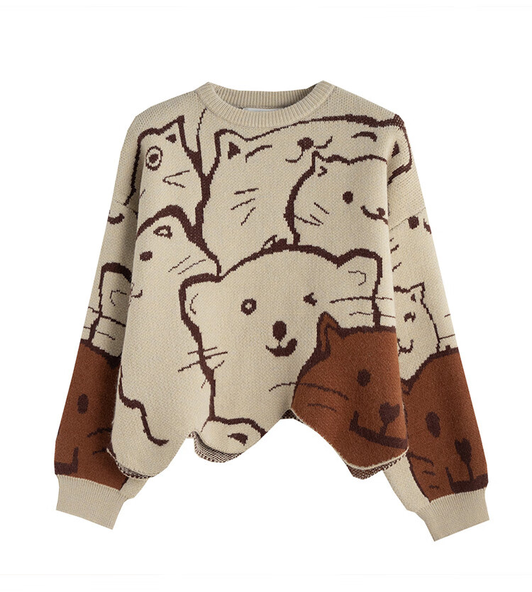 TonLion 2025 Autumn Crew Neck Irregular Hem Cartoon Pattern Pullover Sweater Cute Youthful College Style Korean Version 10