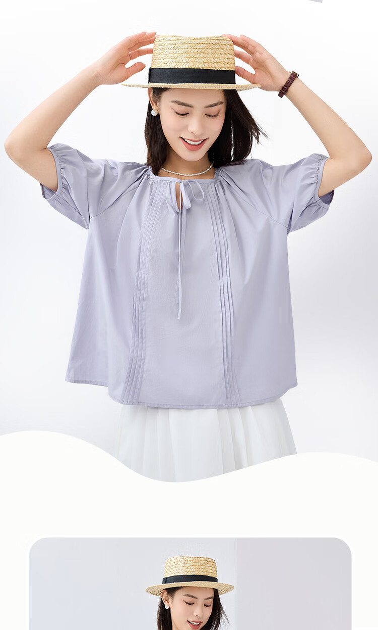 Giordano Women's Short-Sleeve Shirt, Pure Cotton, Brocade, Tie-Up Collar, Pleated, Raglan Sleeve, French Style, Elegant Blouse, 13345305 18