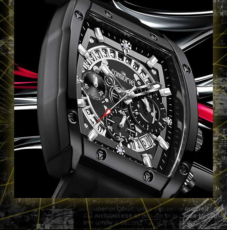 COMLORVEI Black Knight Series Trendy Men's Watch Three-Eye Six-Hand Multifunctional National Men's Watch Gift 682 5