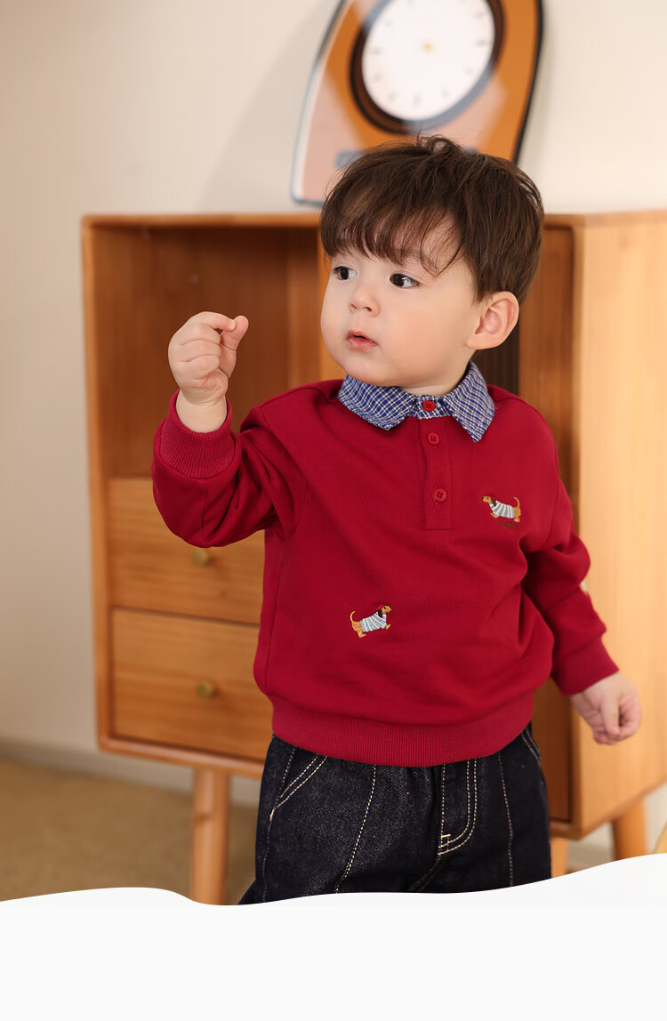 LUSON Xiao O Ba Baby Boy Spring And Autumn Sweatshirt Pullover, Red Faux Two-Piece Stylish Design, New Style for Autumn 2025, Infant Clothing 5