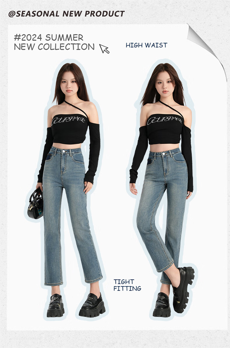 Romon High Waist Slim Fit Women's Denim Jeans Summer Slim Straight Leg Fashion Versatile Cropped Cigarette Pants Vintage Blue 27 3