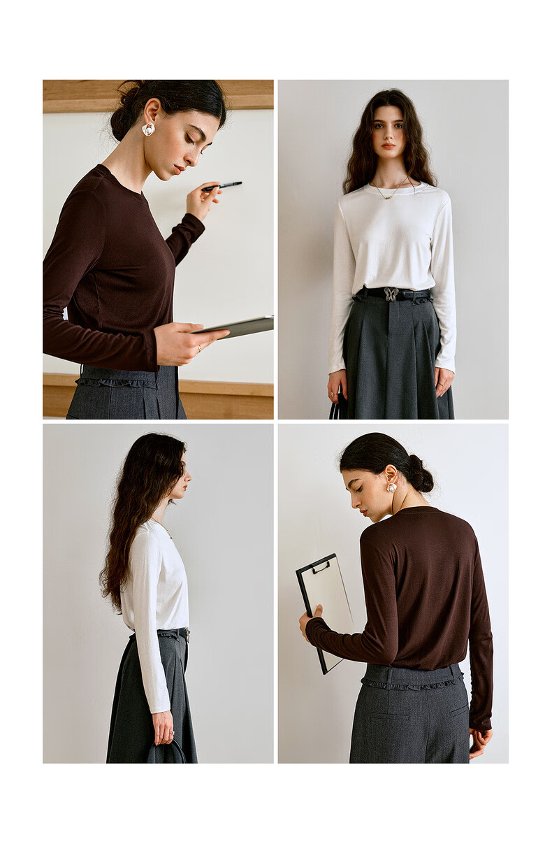 Oulain French Plain Color Basic Versatile Long-Sleeve T-Shirt, Autumn New Simple Fashion Top, Coffee Color, XL 8