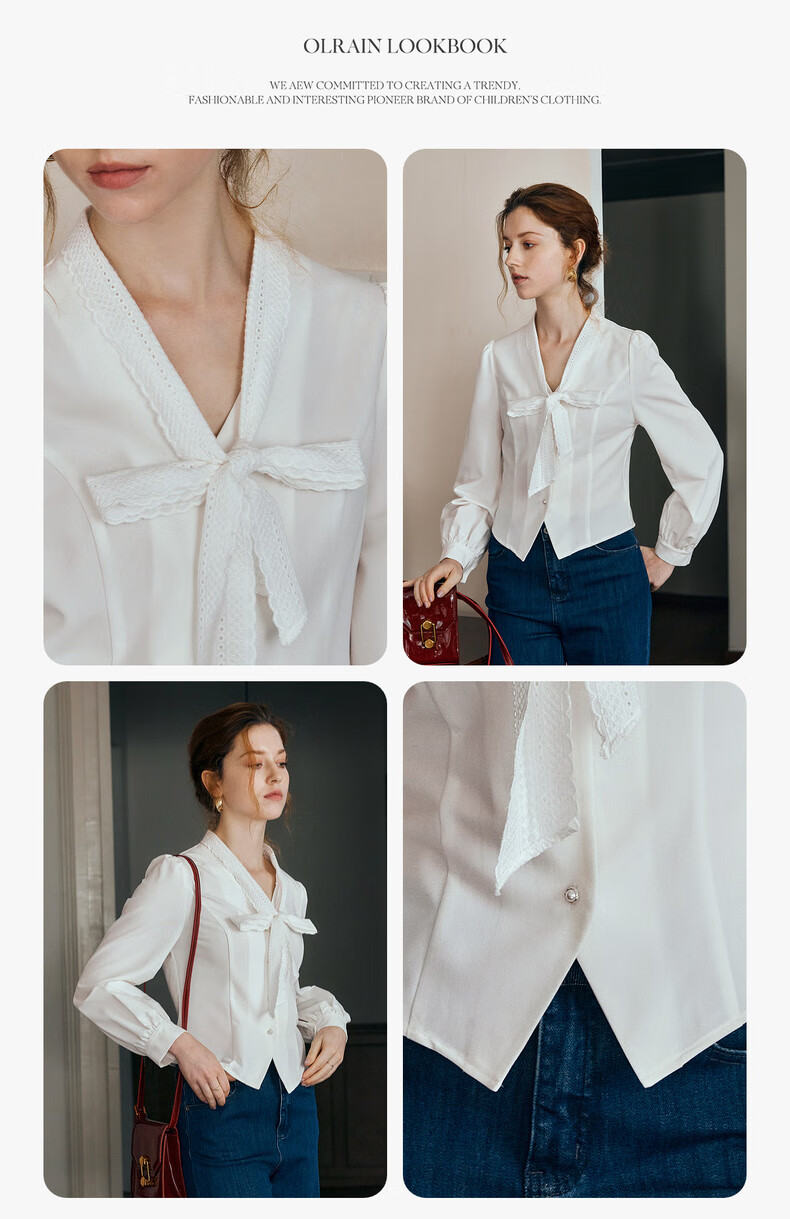 Oulain French Sweet Short Blouse for Women, Autumn New Style with Lace Trim And Ribbon, Casual Top, White, Size S 3