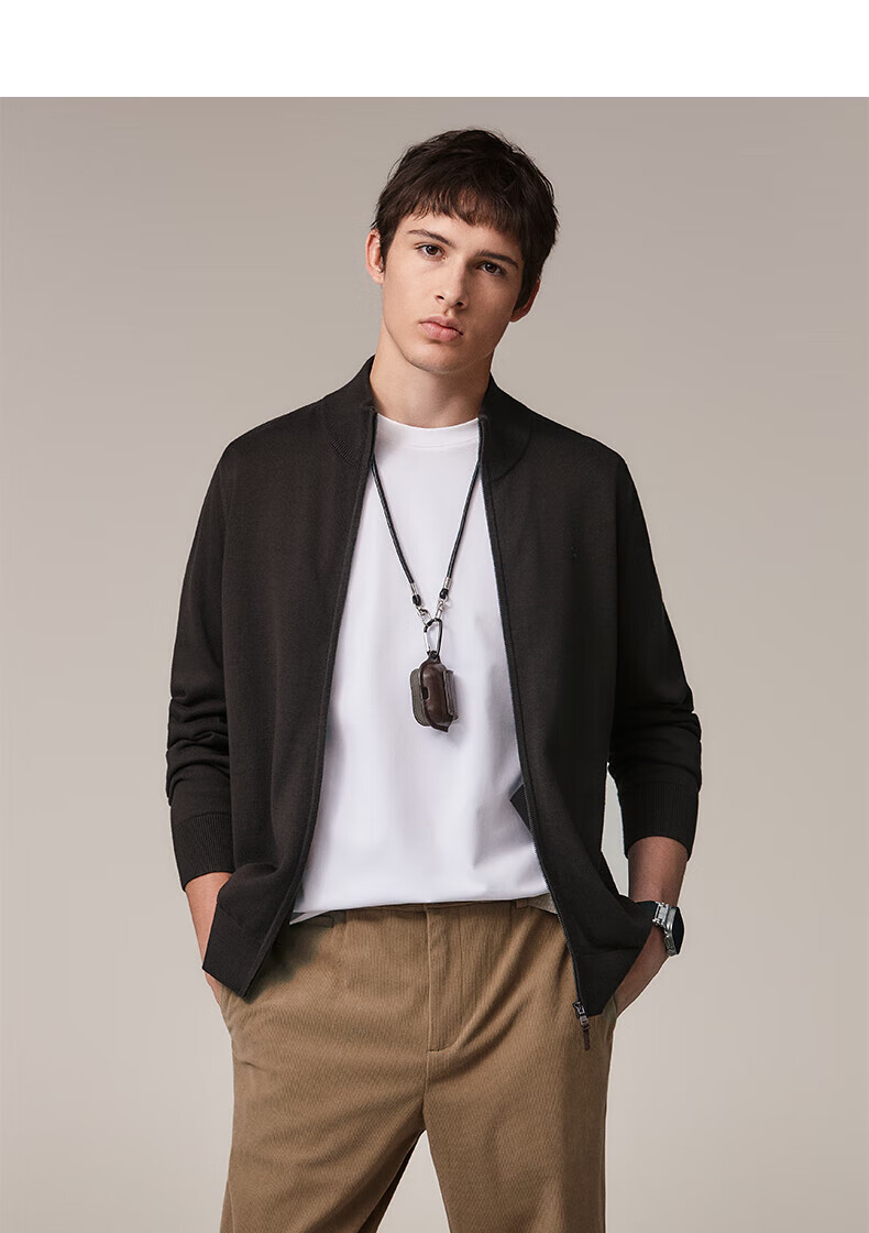 HAZZYS Men's Spring and Autumn Casual Stand Collar Zipper Pure Cotton Knit Cardigan ABYZD0CCX25 15
