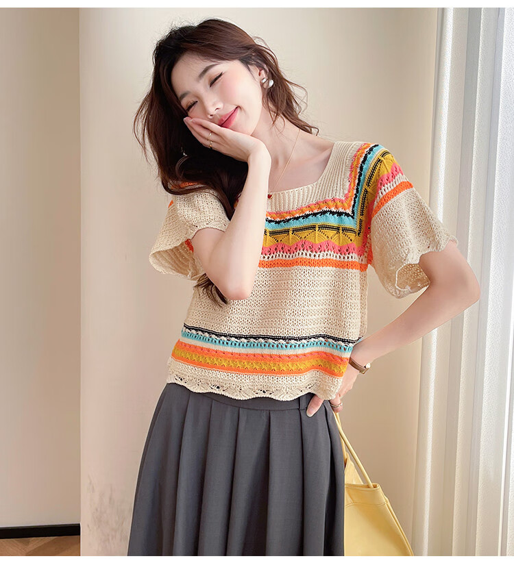 Tangshi 2026 Fashionable Youthful Casual Colorful Striped Women's Short Sleeve Pullover Sweater 6