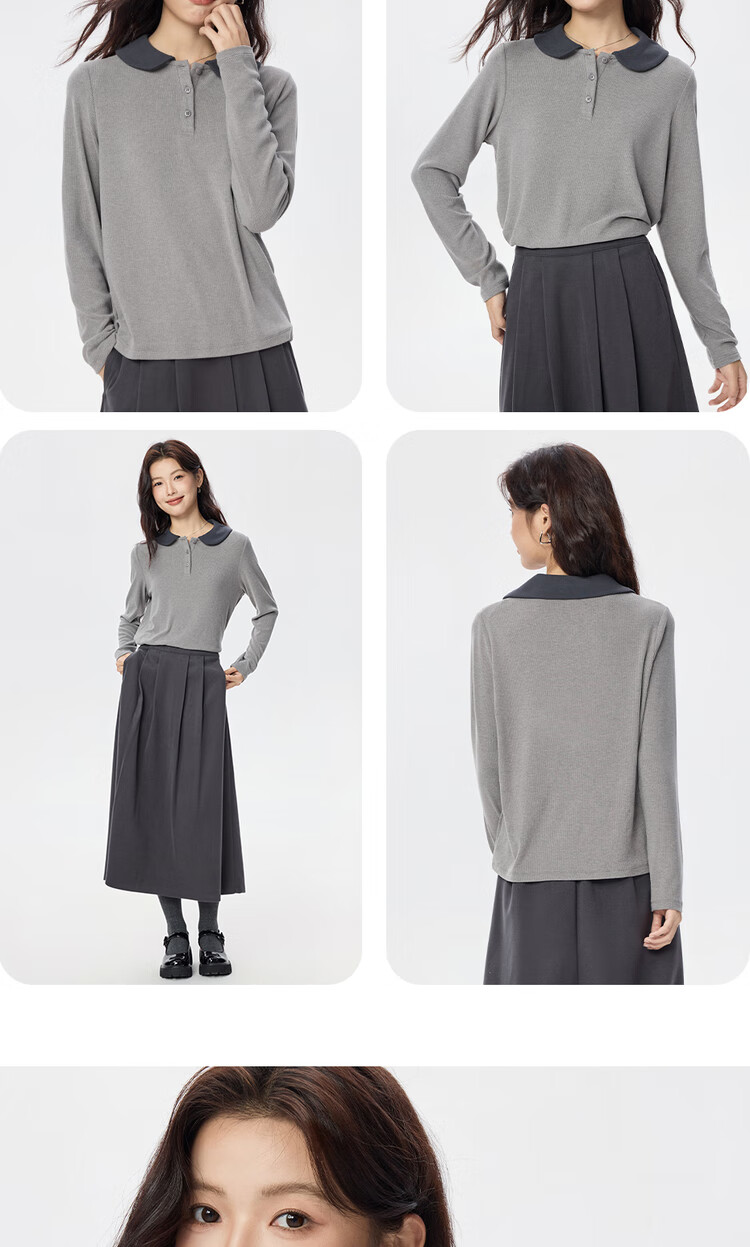 UNIQLO Women's Polo Ribbed Fine Pique Striped Contrast Doll Collar Knit Long Sleeve POLO05315789 9