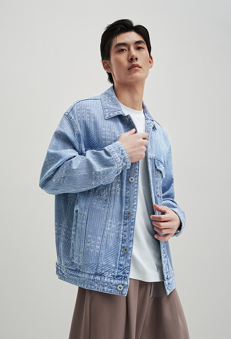 Peacebird Men's Textured Denim Jacquard Autumn Loose Casual Jacket Blue L 5