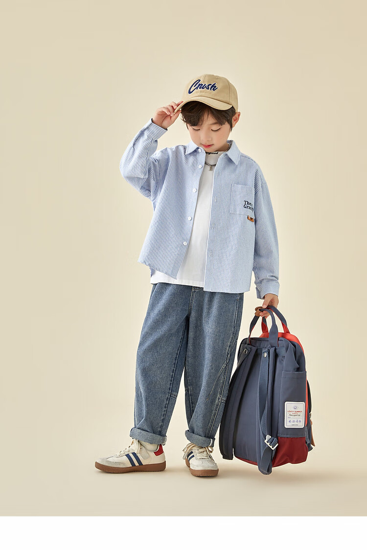 Duoduojia [Fresh And Handsome] Boys' Shirt, Spring And Autumn 2026 Style, for Older Children, Oxford Cloth Striped Casual Pure Cotton Shirt 16