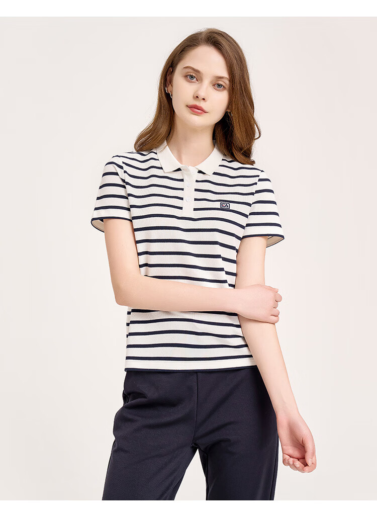 ELLE ACTIVE Vintage Striped Polo Shirt Women's Sports Casual Simple Versatile Comfortable Short Sleeve T-Shirt White/Navy XL 7