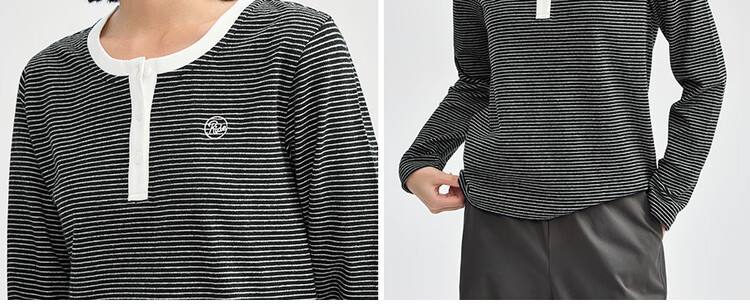 Giordano Women's Striped Embroidered Pullover T-Shirt, Contrasting Color Henley Collar Long Sleeve Tee for Women 13324704 14