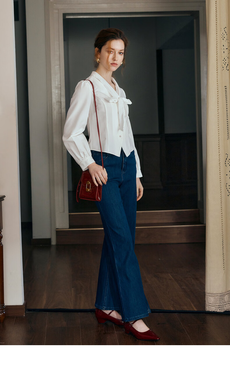 Oulain French Sweet Short Blouse for Women, Autumn New Style with Lace Trim And Ribbon, Casual Top, White, Size S 6