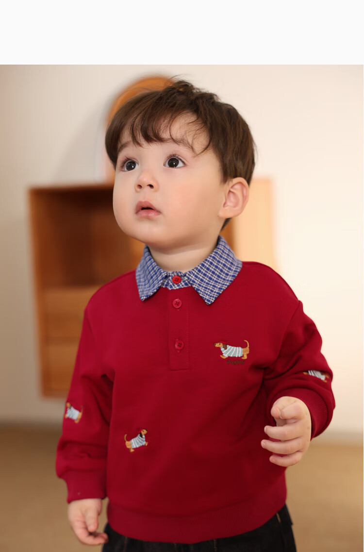 LUSON Xiao O Ba Baby Boy Spring And Autumn Sweatshirt Pullover, Red Faux Two-Piece Stylish Design, New Style for Autumn 2025, Infant Clothing 11