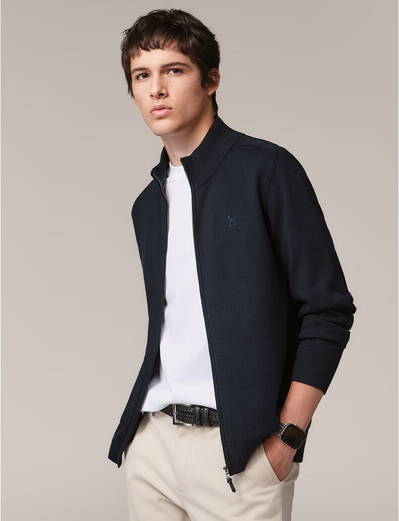 HAZZYS Men's Spring and Autumn Casual Stand Collar Zipper Pure Cotton Knit Cardigan ABYZD0CCX25 6