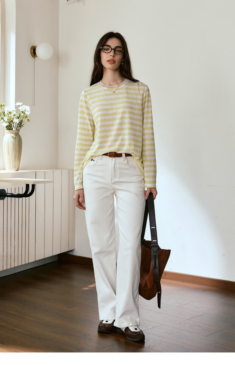Oulain Round Neck Top Women's Clothing, Autumn New Style, Yellow Striped Pullover Long-Sleeve T-Shirt, Light Yellow, S 11