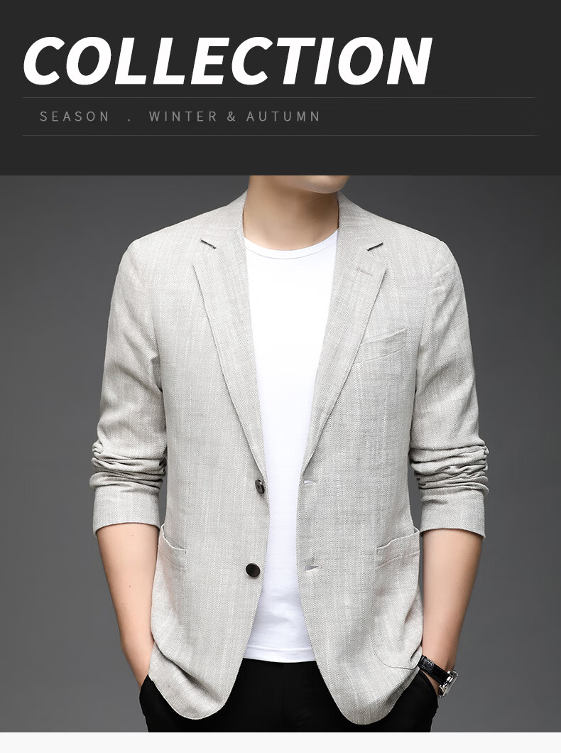 ROMON Men's Linen Casual Blazer Spring and Autumn Slim Fit Single-Breasted Solid Color Business Suit Jacket 1