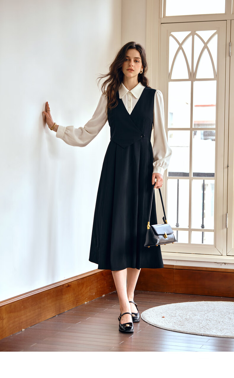 Olrain Elegant Color-Block Spliced Faux Two-Piece Dress Women Autumn New Long Sleeve Dress Black S 5