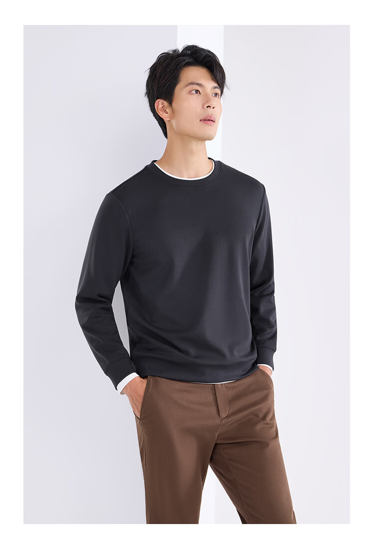 Laxdn Men's Autumn Winter Crew Neck Pullover Sweatshirt with Wool High Elastic Long Sleeve T-Shirt Base Layer Dark Black XL 3