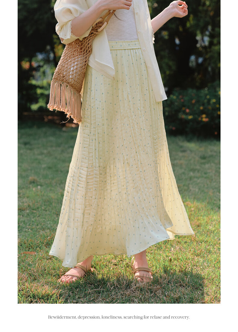 Olrain Yellow Polka Dot Pleated A-Line Skirt Women's Summer High Waist Mid-Length Skirt Yellow S 15