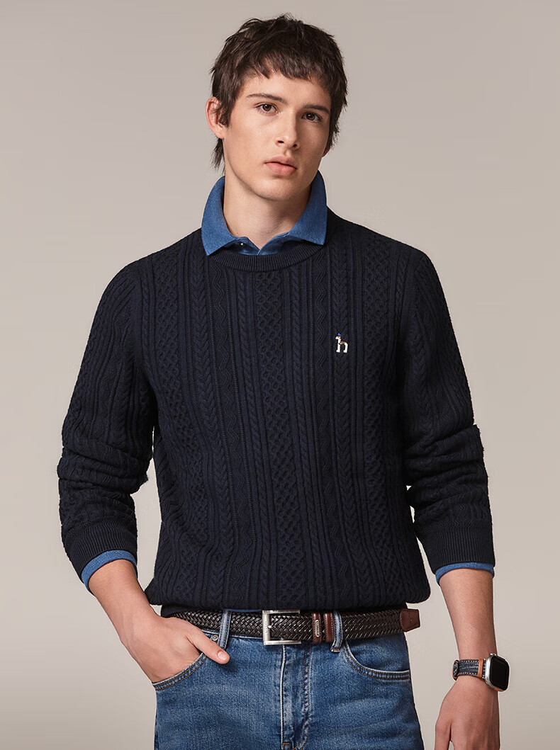 HAZZYS Men's Autumn Winter Casual Cable Knit Crew Neck Cotton/Wool Blend Sweater ABYZD0CCX30 2