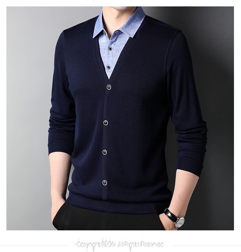 ROMON Autumn Winter Fake Two-Piece Knit Sweater Men Lapel Base Shirt Business Casual Warm Sweater for Young and Middle-Aged Men 6