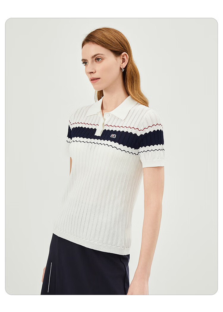 ELLE ACTIVE Fashion Contrasting Color Polo Shirt for Women, Knitted Collar Elegant Commuter Slimming Short-Sleeve T-Shirt Top, White, S 13