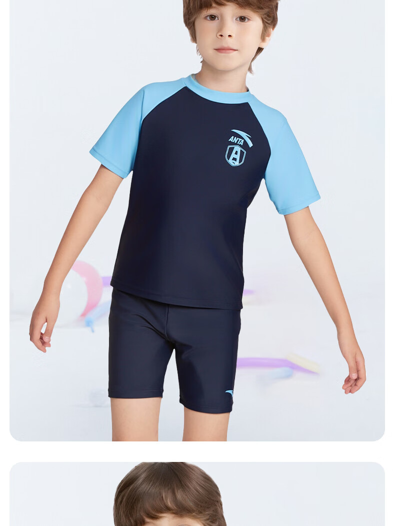 ANTA Men's Children's New Two-Piece Swimsuit, Short-Sleeved Sun Protection, Youth Swimwear, for Older Kids, Beach Shorts, Black, Size 160 17