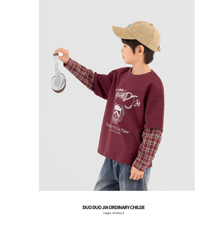 Duoduojia Boys' Sweatshirt, Spring And Autumn Style, Patchwork Long Sleeve, Plaid Retro Print, Children's Faux Two-Piece, Korean-Style Academic Style Top 24
