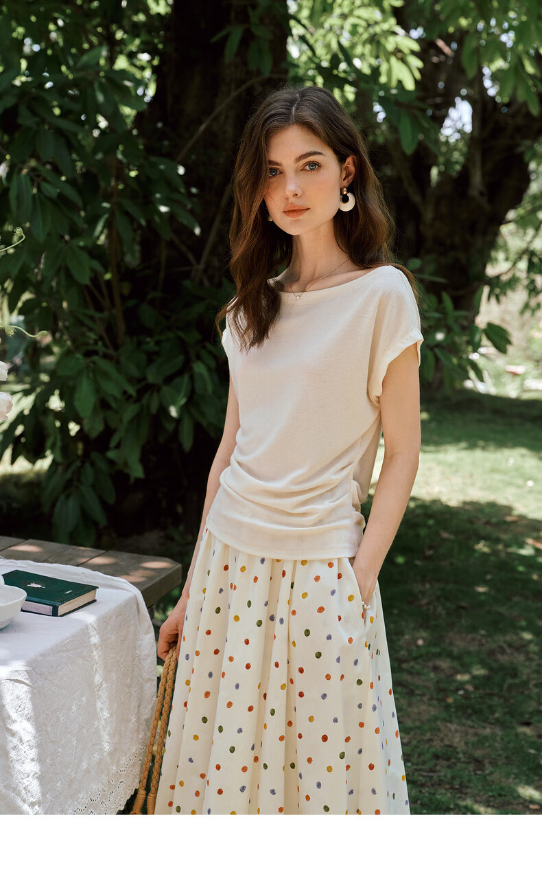 Olrain European Style Elegant Off-Shoulder Slim Fit T-Shirt Women Summer Slimming Youthful Top Apricot XL 15