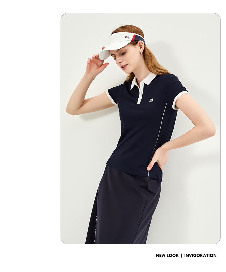 ELLE ACTIVE Fashion Slimming Color-Block Polo Shirt for Women Summer Short Sleeve Slim Fit Sports Casual Top Blue M 8