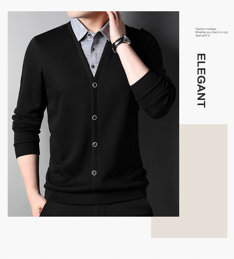 ROMON Autumn Winter Fake Two-Piece Knit Sweater Men Lapel Base Shirt Business Casual Warm Sweater for Young and Middle-Aged Men 3